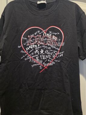 Black Graphic Heart T-Shirt with Multilingual Script